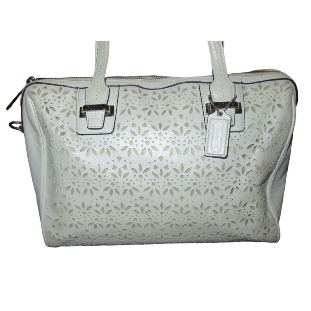 Coach 2013 Taylor Eyelet Laser Cut Leather Satchel In Ivory Zip-top closure